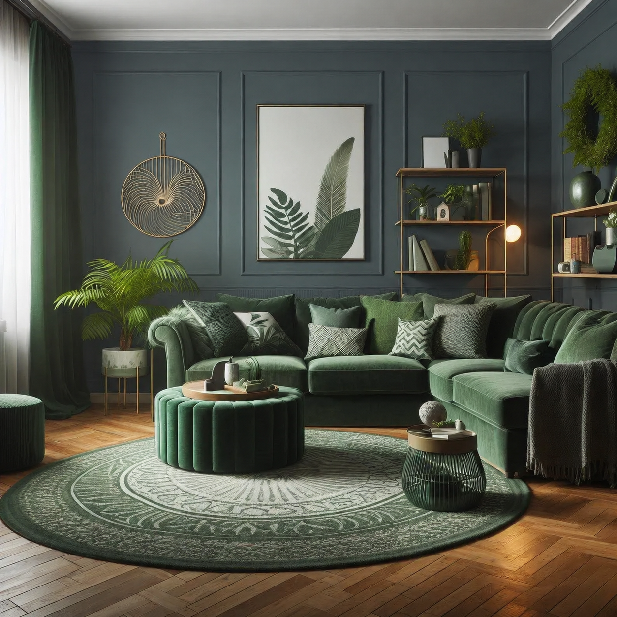 Salon élégant en vert profond, teinte Vert Ombre
