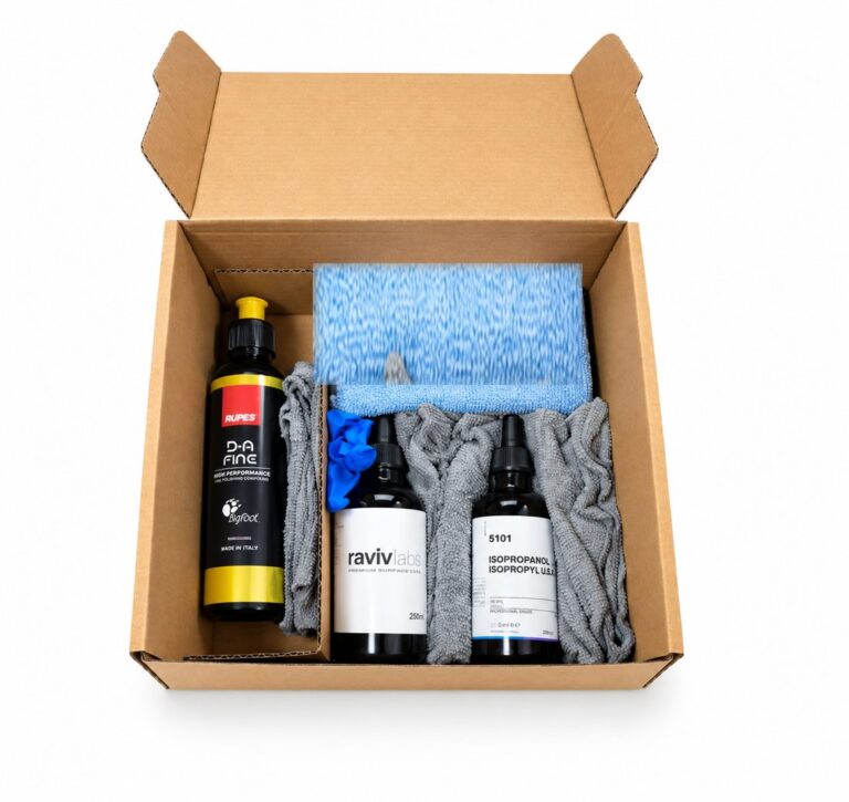 Contenu du kit Ravivlack L - flacons, microfibres, gants et polish